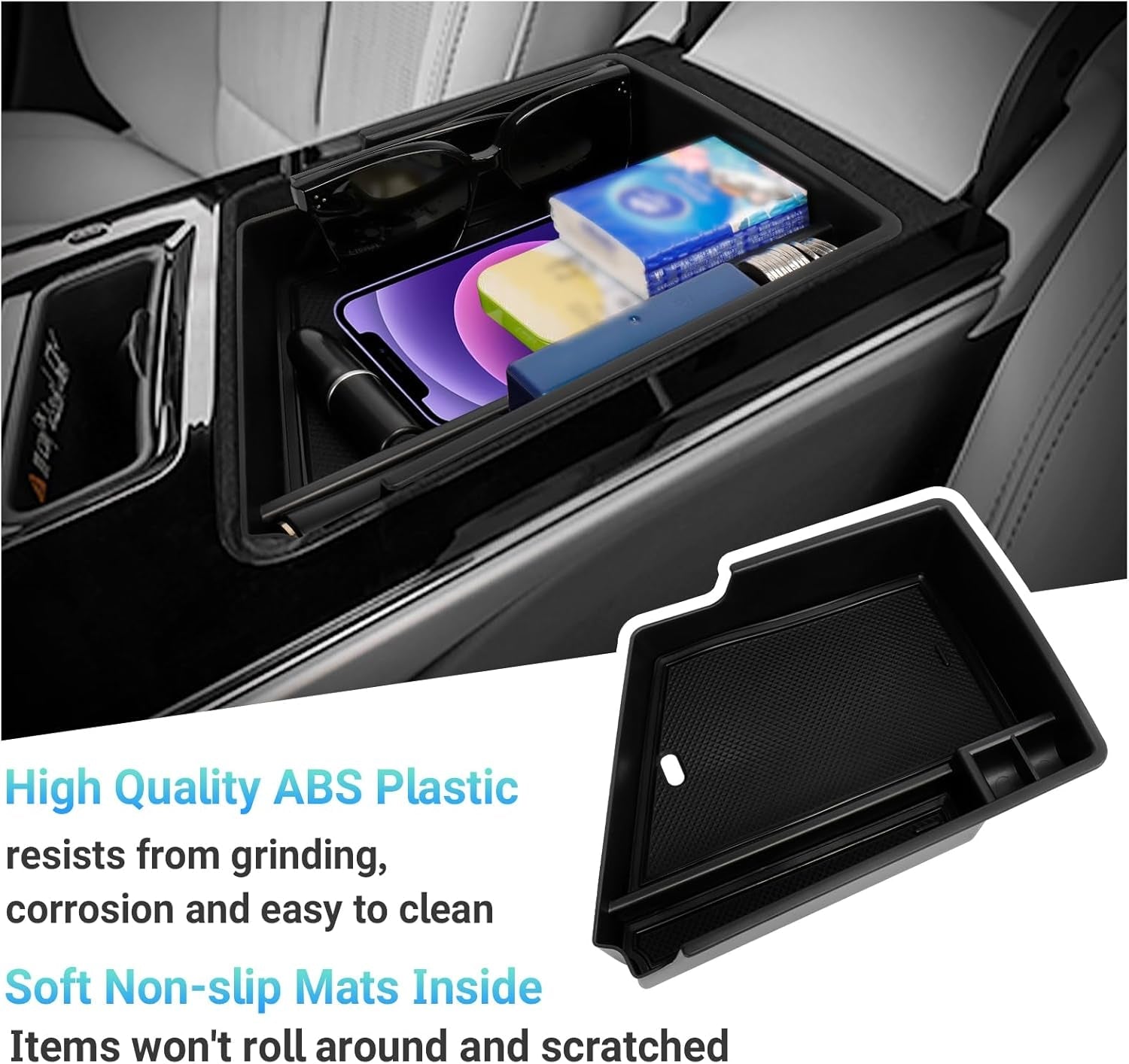 Center Console Organizer Compatible with 2023 2024 Cadillac Lyriq Accessories, 2PC Armrest Insert Storage Box with Lower under Console Organizer Coin and Sunglasses Holder