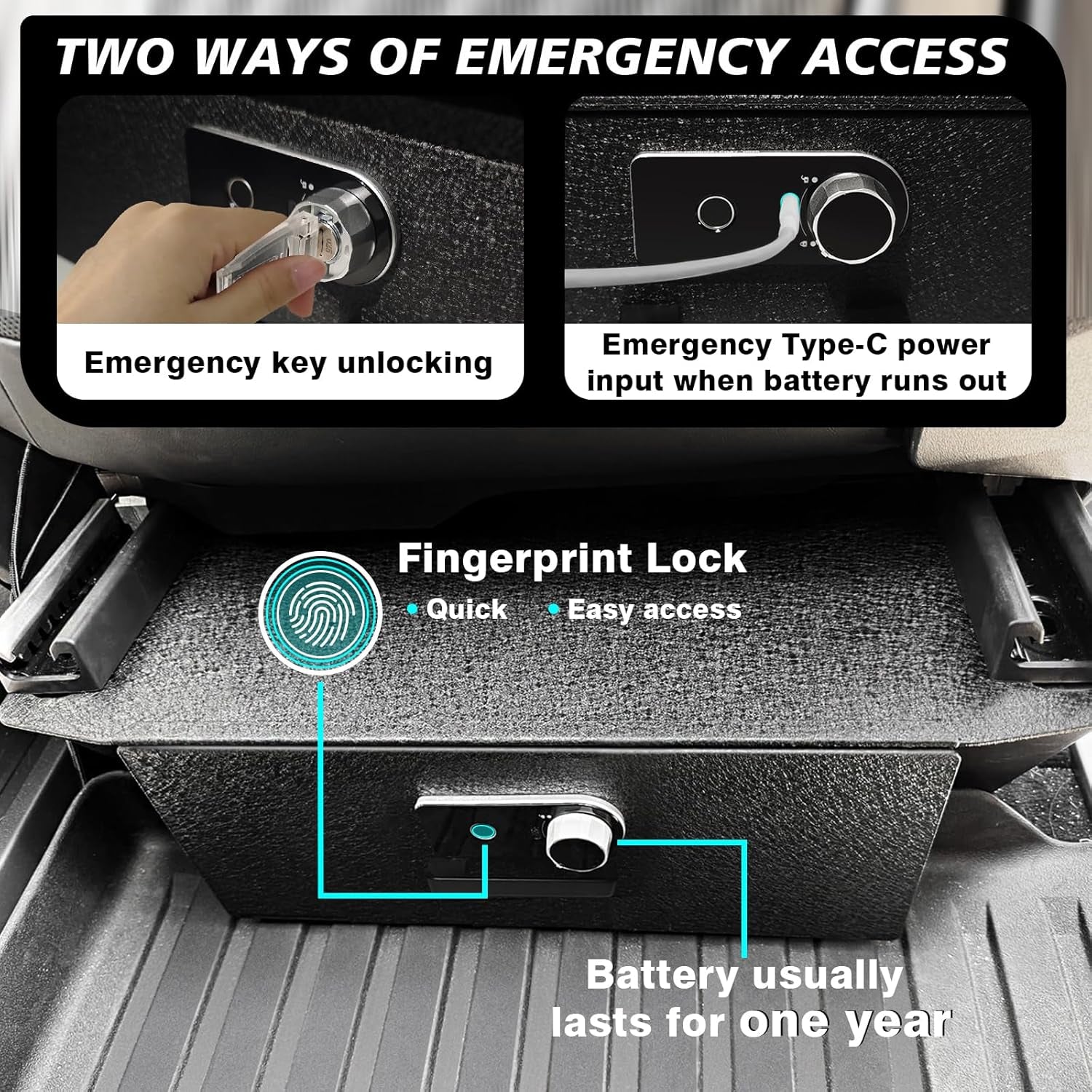 under Front Seat Safe Vault Drawer Lockbox Driver/Passenger Side Compatible with Tesla Cybertruck 2024+ Storage Gun Safe Organizer Anti-Theft Biometric Fingerprint Lock (Underseat-Front)