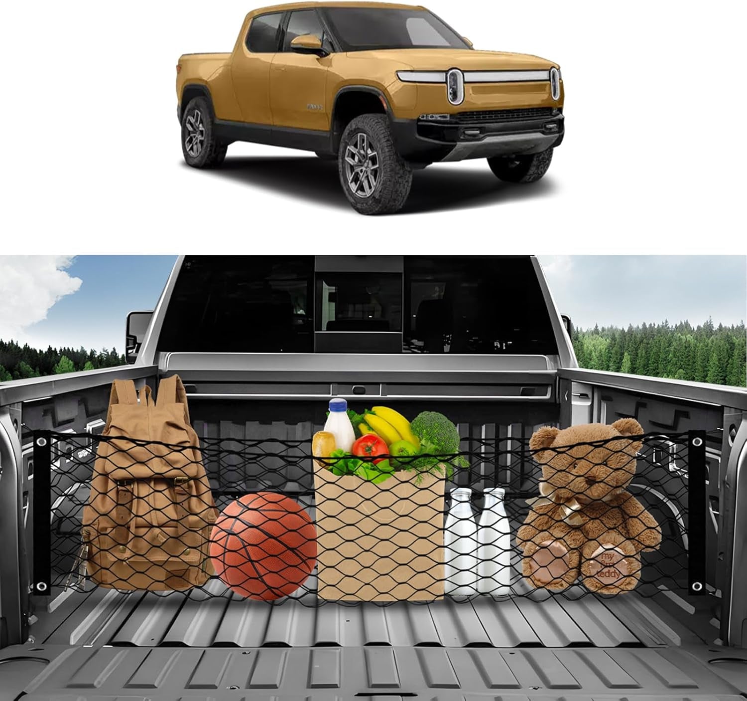 for Rivian R1T R1S Envelope Style Truck Bed Cargo Net 2022-2024 2025, Highly Elastic Pickup Truck Bed Cargo Net for Rivian Accessories Double Layer Nylon Mesh Storage Netting Organizer