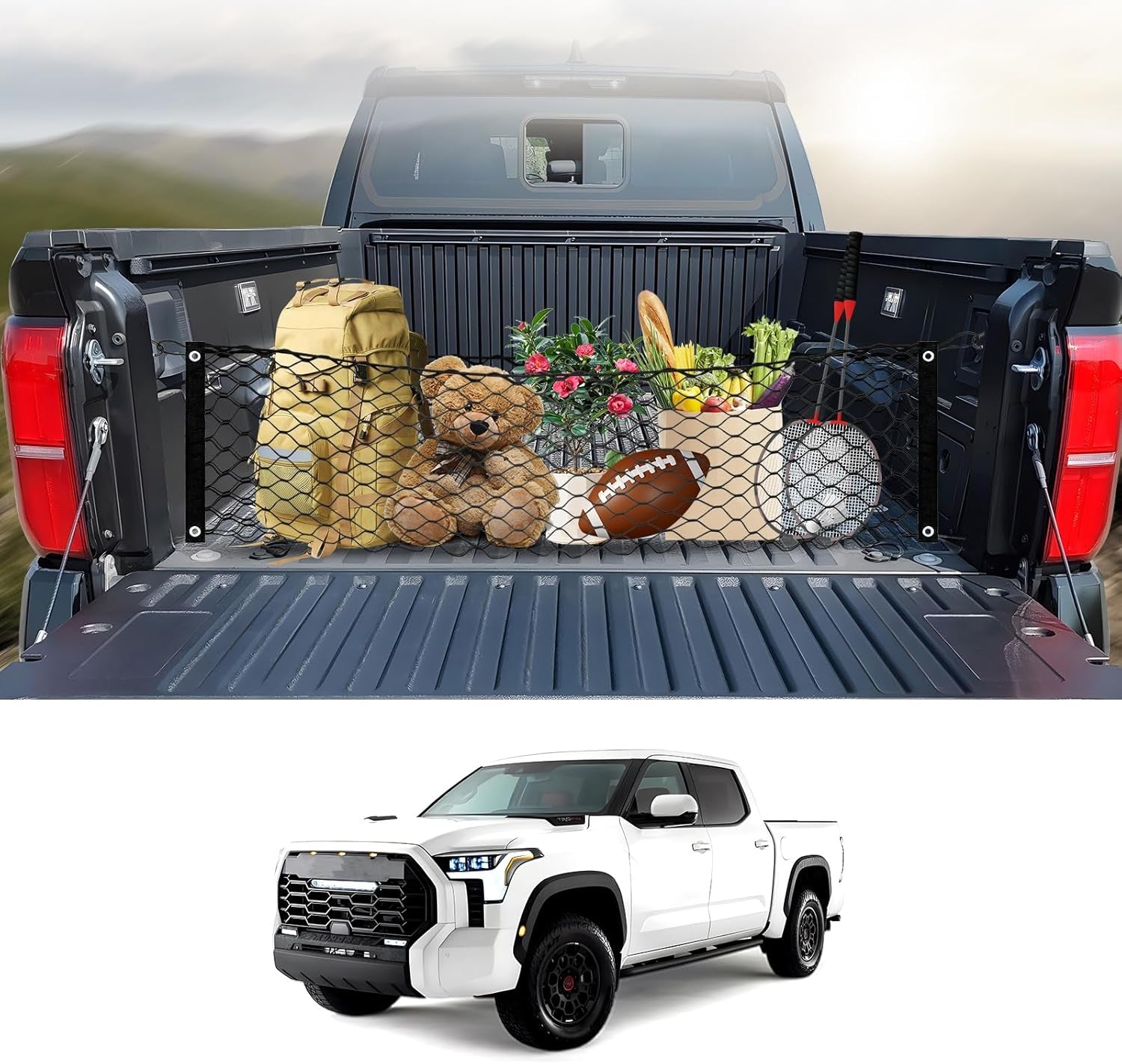 for Rivian R1T R1S Envelope Style Truck Bed Cargo Net 2022-2024 2025, Highly Elastic Pickup Truck Bed Cargo Net for Rivian Accessories Double Layer Nylon Mesh Storage Netting Organizer