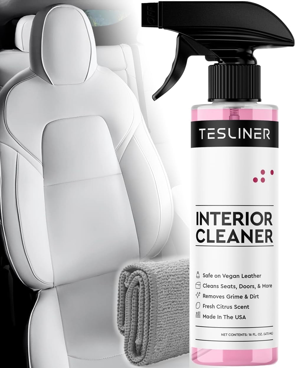 Tesla Seat Cleaner & Stain Remover - Biodegradable, Safe on Black & White Vegan Leather, Interior Tesla Cleaning Products for Seats, Dash, Console | Tesla Model 3 Y S X Car Accessories for 2024