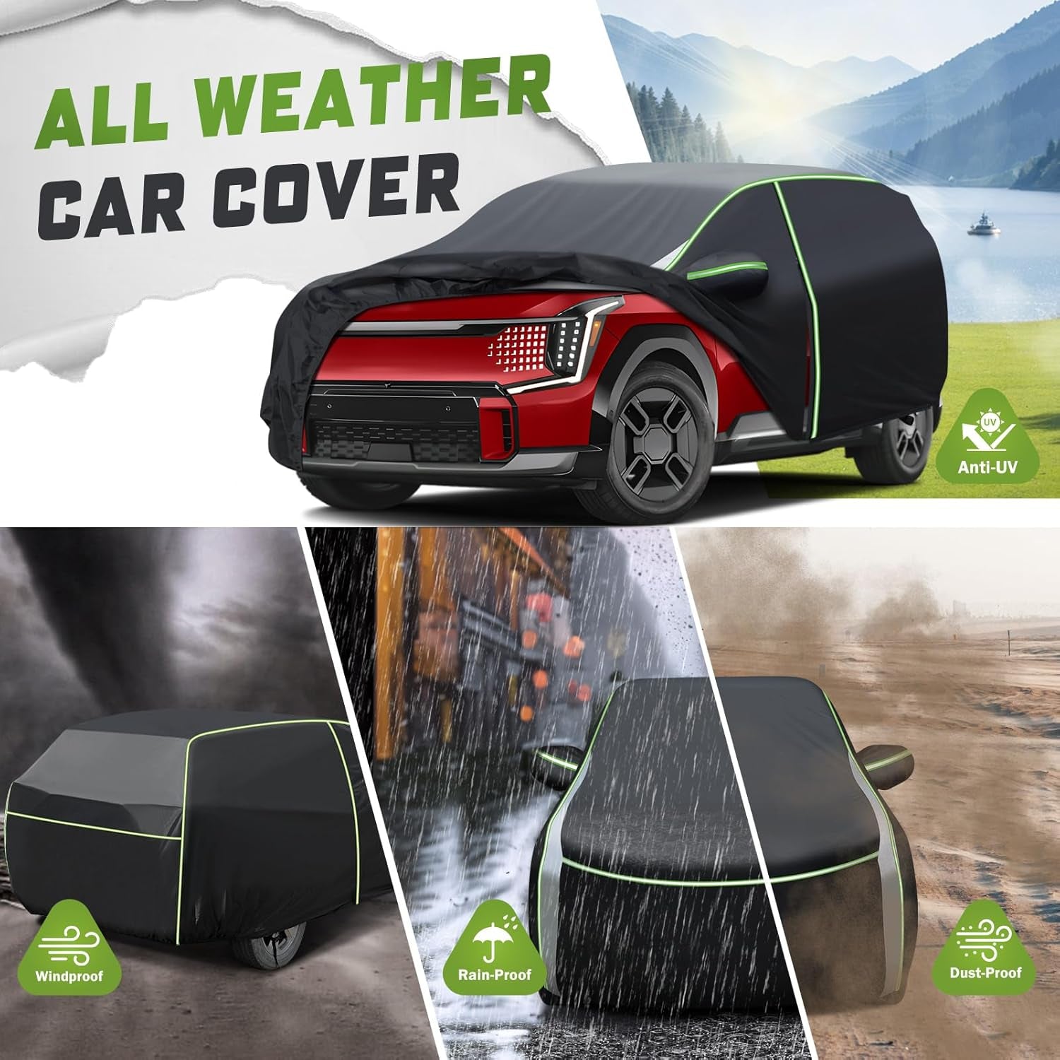 Car Cover for Kia EV9 2024, Full Car Cover All Weather Car Covers for EV9, Waterproof Outdoor Cover with Zipper Door Reflective Strips