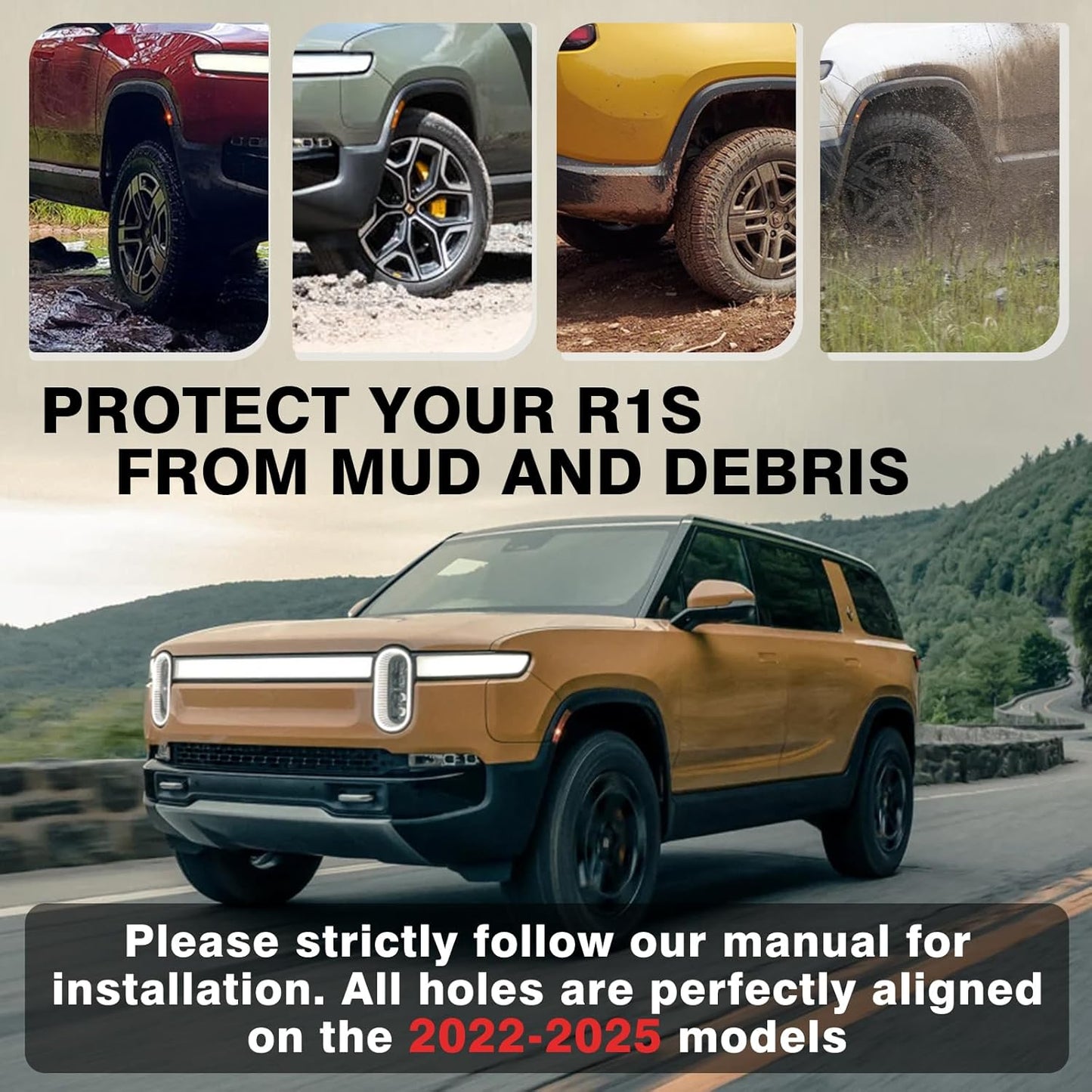 Mud Flaps Splash Guards Compatible with Rivian R1S 2022 2023 2024 2025 Accessories Splash Fender Winter Vehicle Sediment Dirt Protection Mudflaps Set of 4 No Need to Drill Holes