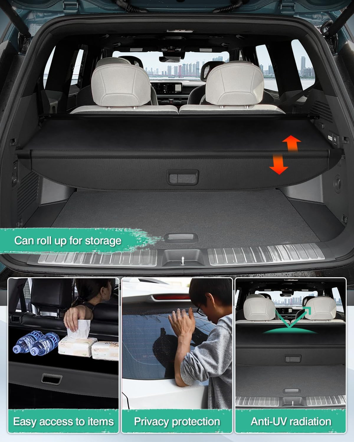 Cargo Cover for 2024 2025 Kia EV9 Accessories Trunk Cover Retractable Trunk Shielding Shade Cargo Luggage Cover Black