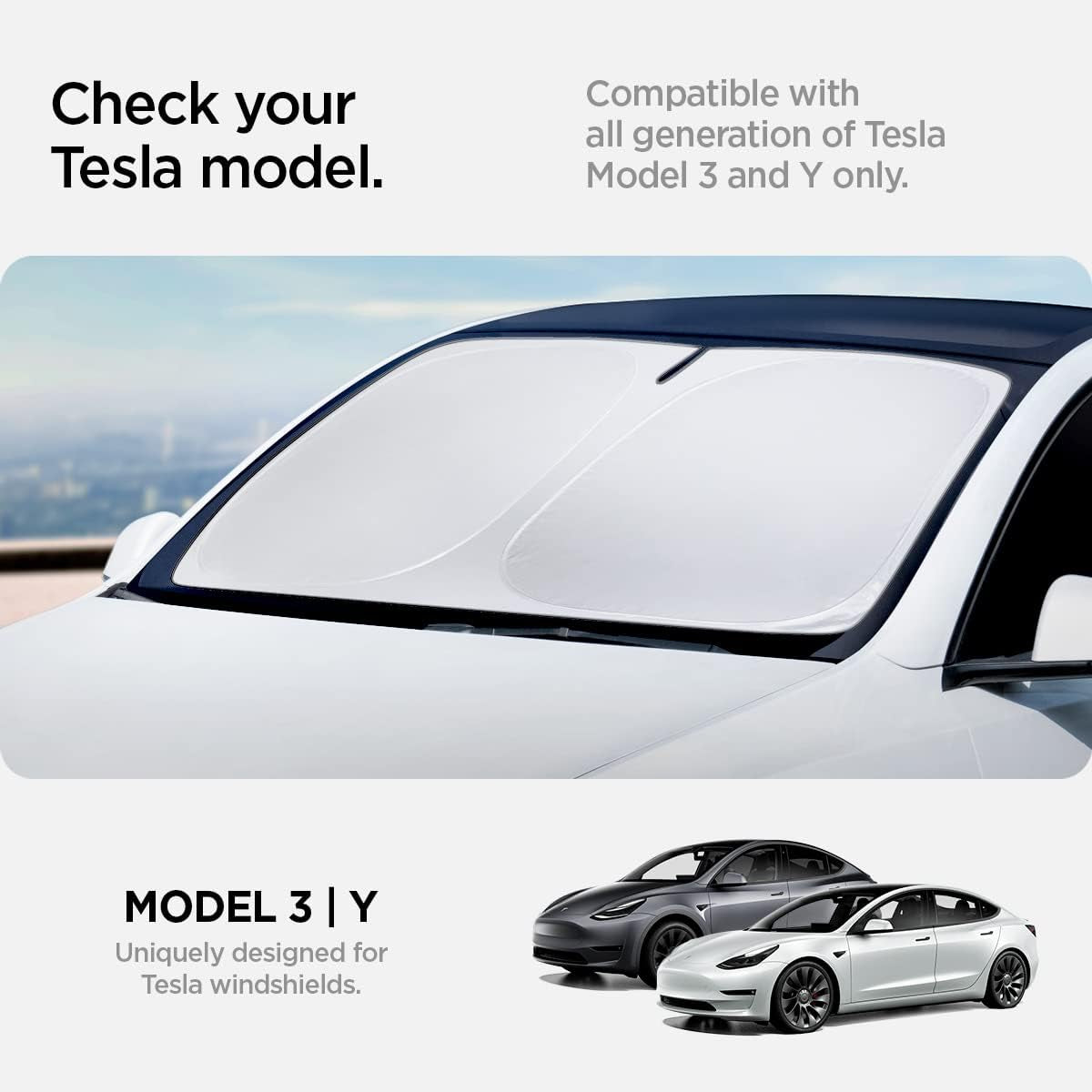 Triple-Coated Cryoshade Front Windshield Sunshade (Reinforced Velcro Strap) Designed for All Tesla Model 3 and Y 2025/2024 / 2023/2022