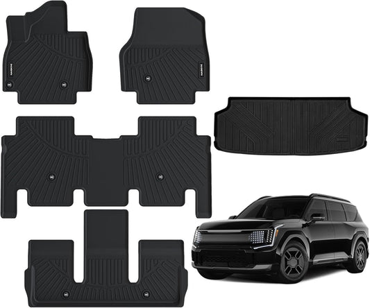 Floor Mats for 2024 Kia EV9 6-Passenger Seatiing 2Nd-Row Captain'S Chiars- All Weather Custom for Kia EV9 Floor Mats Liners 3 Row & Cargo Liner behind the 3Rd Row Accessories