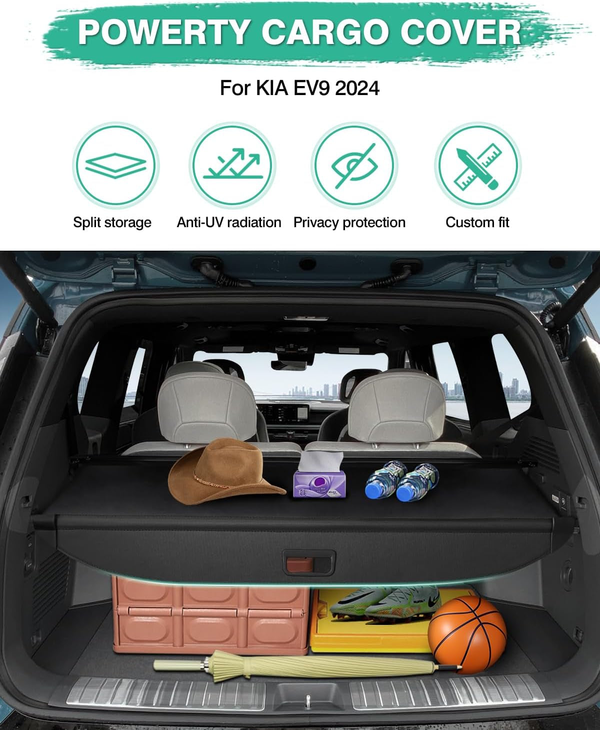 Cargo Cover for 2024 2025 Kia EV9 Accessories Trunk Cover Retractable Trunk Shielding Shade Cargo Luggage Cover Black