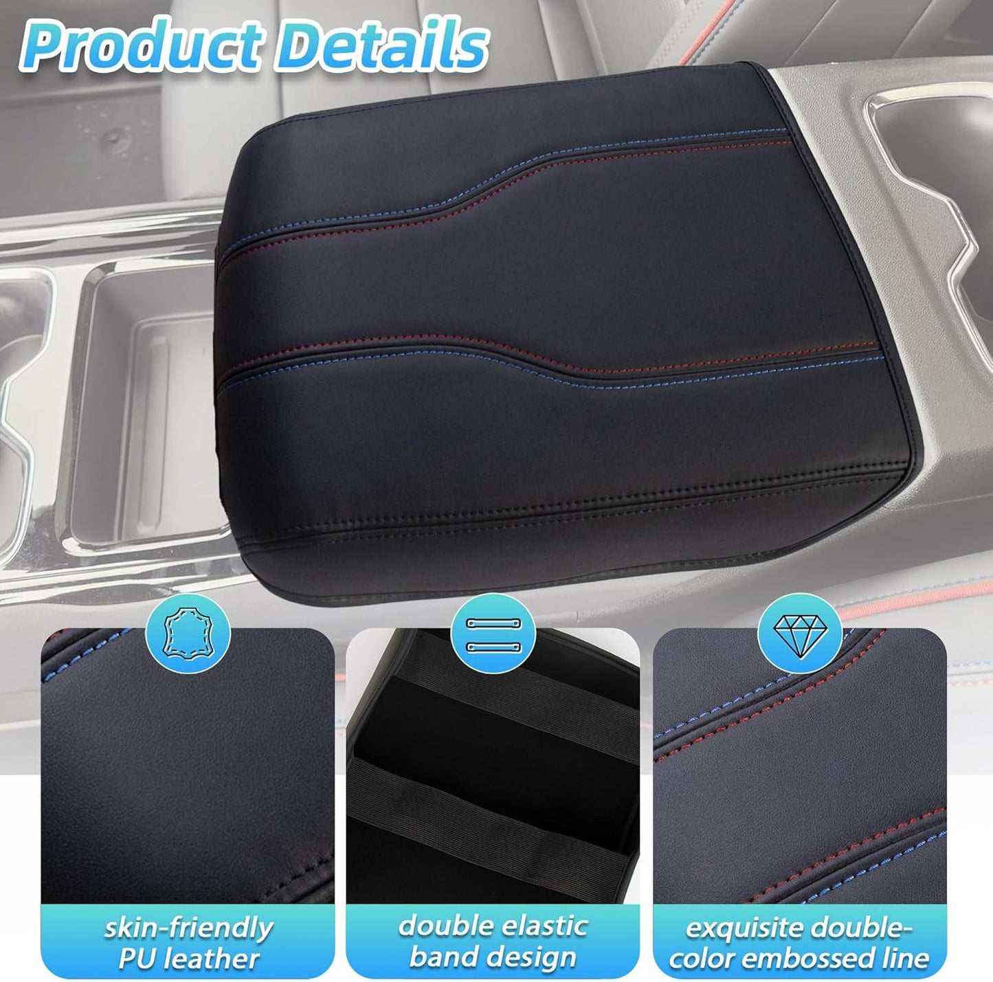 Center Console Cover Compatible with 2024-2025 Chevy Silverado EV/GMC Sierra EV Interior Accessories, Leather Armrest Seat Box Lid Protector