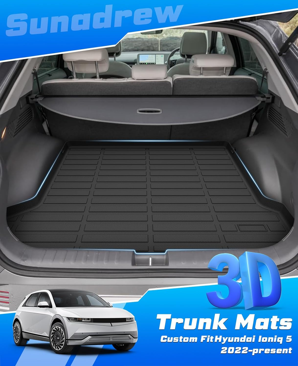 Cargo Liner for 2022 2023 2024 Hyundai Ioniq 5 Accessories TPE Cargo Mat All Weather Odorless Anti-Slip Rear Cargo Tray Heavy Duty Trunk Mat Black Trunk Floor Liners