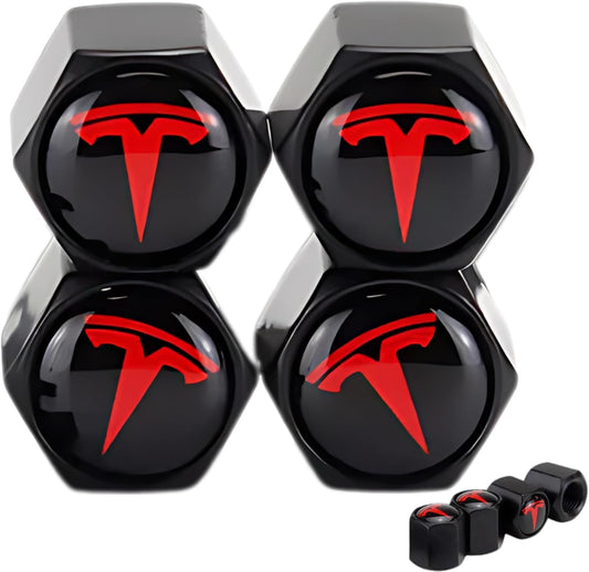 Red Tire Valve Stem Caps for Tesla Model 3, S, X, Y | Leakproof Aluminum Tire Valve Caps with Rubber O-Rings Compatible with Tesla Car Accessories | Tire Valve Stem Covers Tire Caps 4 Pack