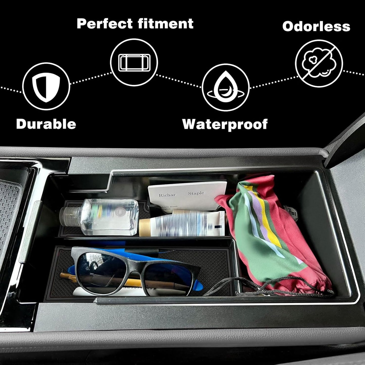 Center Console Organizer Tray Compatible with Chevy Blazer EV 2023 2024 Interior Accessories Armrest Storage Box ABS Material with PVC Trim & Removable Coin Holder (Black)