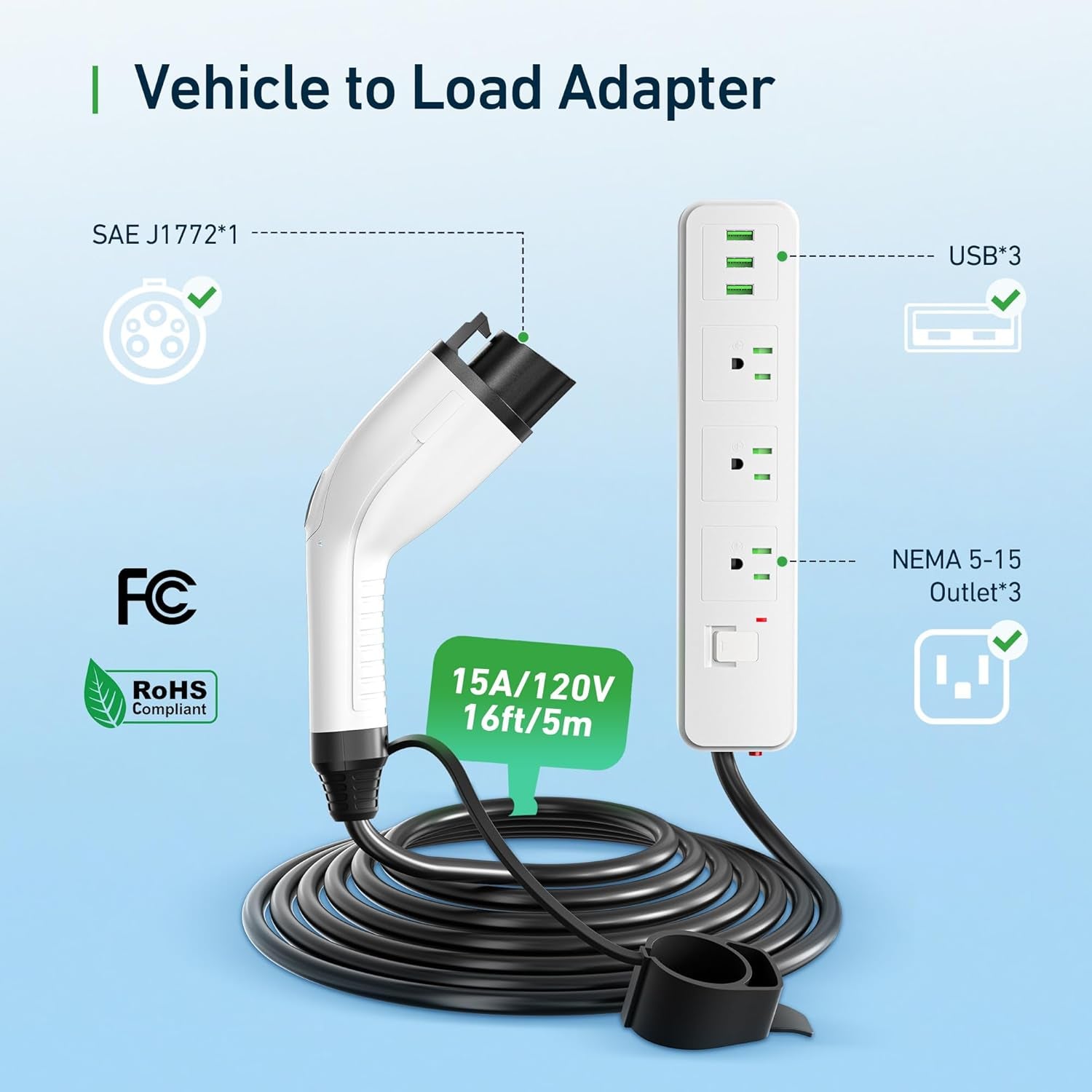 V2L Vehicle to Load Adapter Compatible with Hyundai Ioniq 5 Ioniq 6 Kia EV6 EV9 NIRO EV 15 Amp V2L Adapter for J1772 Electric Cars Discharger Socket with 120V US Socket