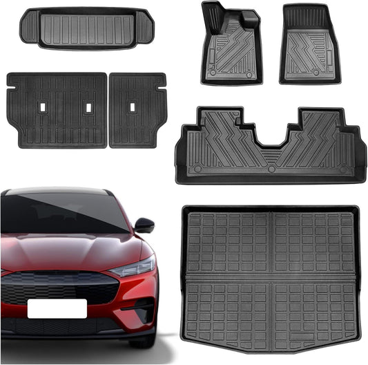 All-Weather Rubber Mats Compatible for 2023 2022 2021 Ford Mustang Mach-E Floor Mat Front Rear Cargo Liners and Seat Backrest Cover Mat Full Set.Waterproof Anti-Slip Black Mat.