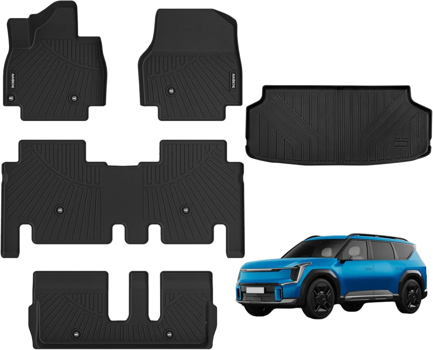 Floor Mats for 2024 Kia EV9 6-Passenger Seatiing 2Nd-Row Captain'S Chiars- All Weather Custom for Kia EV9 Floor Mats Liners 3 Row & Cargo Liner behind the 3Rd Row Accessories