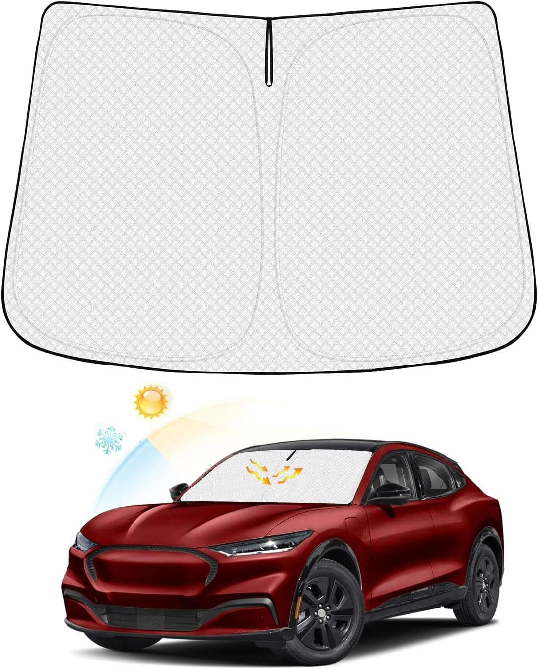 Windshield Sun Shade for 2021-2024 2025 Ford Mustang Mach-E Accessories Thicken 6-Layer Front Window Sunshade Cover Sun Visor Protector Foldable Block UV Rays Keep Vehicle Cool