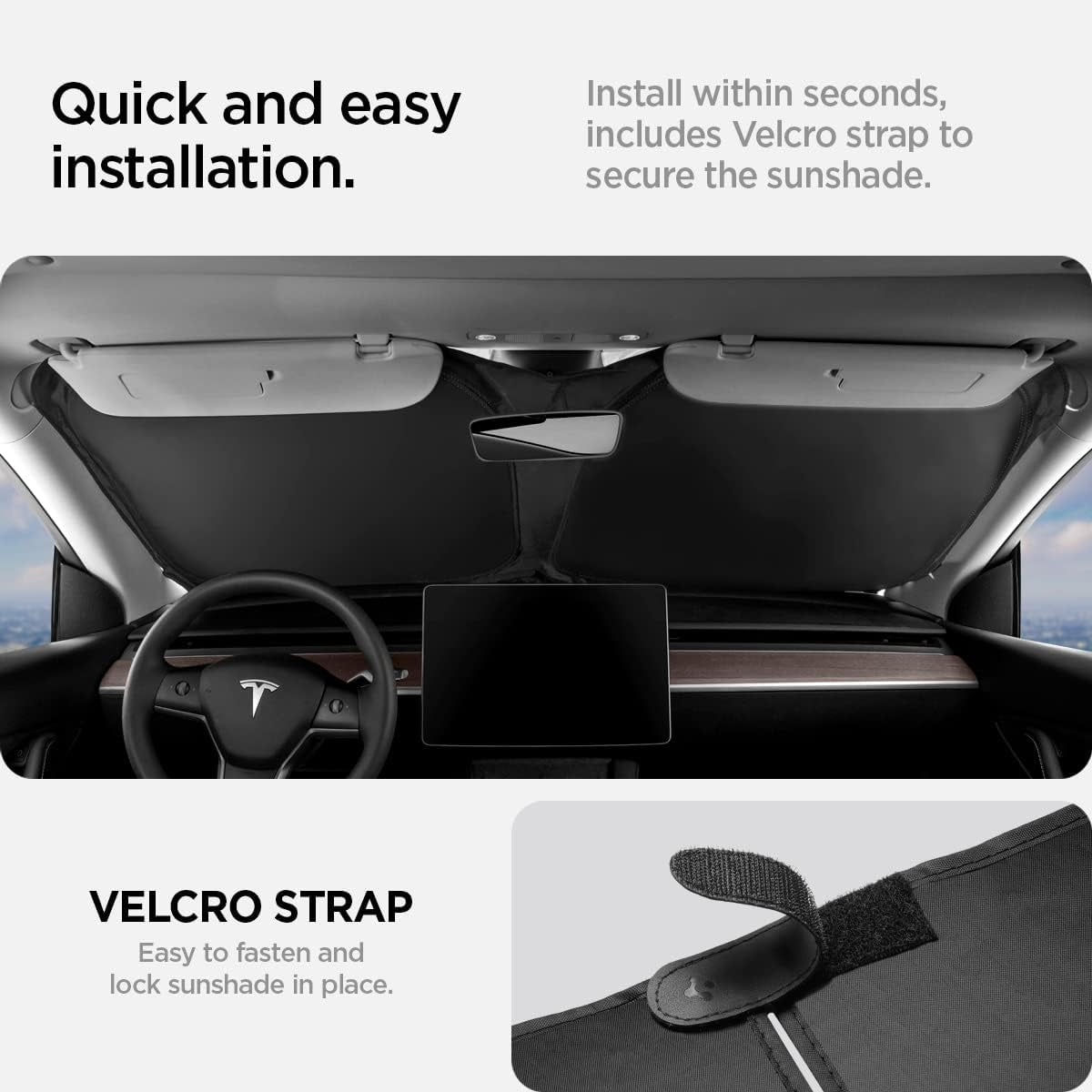 Triple-Coated Cryoshade Front Windshield Sunshade (Reinforced Velcro Strap) Designed for All Tesla Model 3 and Y 2025/2024 / 2023/2022