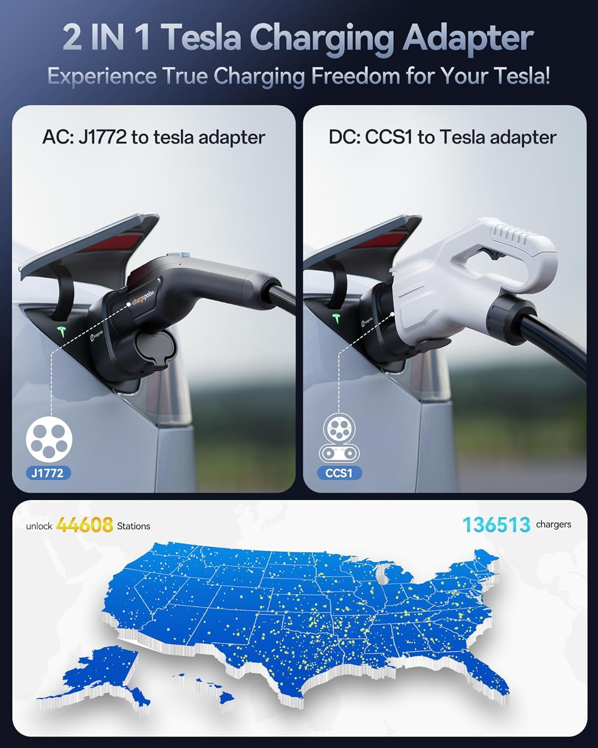 Upgraded 2In1 CCS & J1772 to Tesla Adapter, 250KW Superfast CCS1 to Tesla Charging Adapter, Fit for Tesla Model Y, 3, S, X, Compatible with Level 1 2 3 Charging Stations with CCS1& J1772 Plug