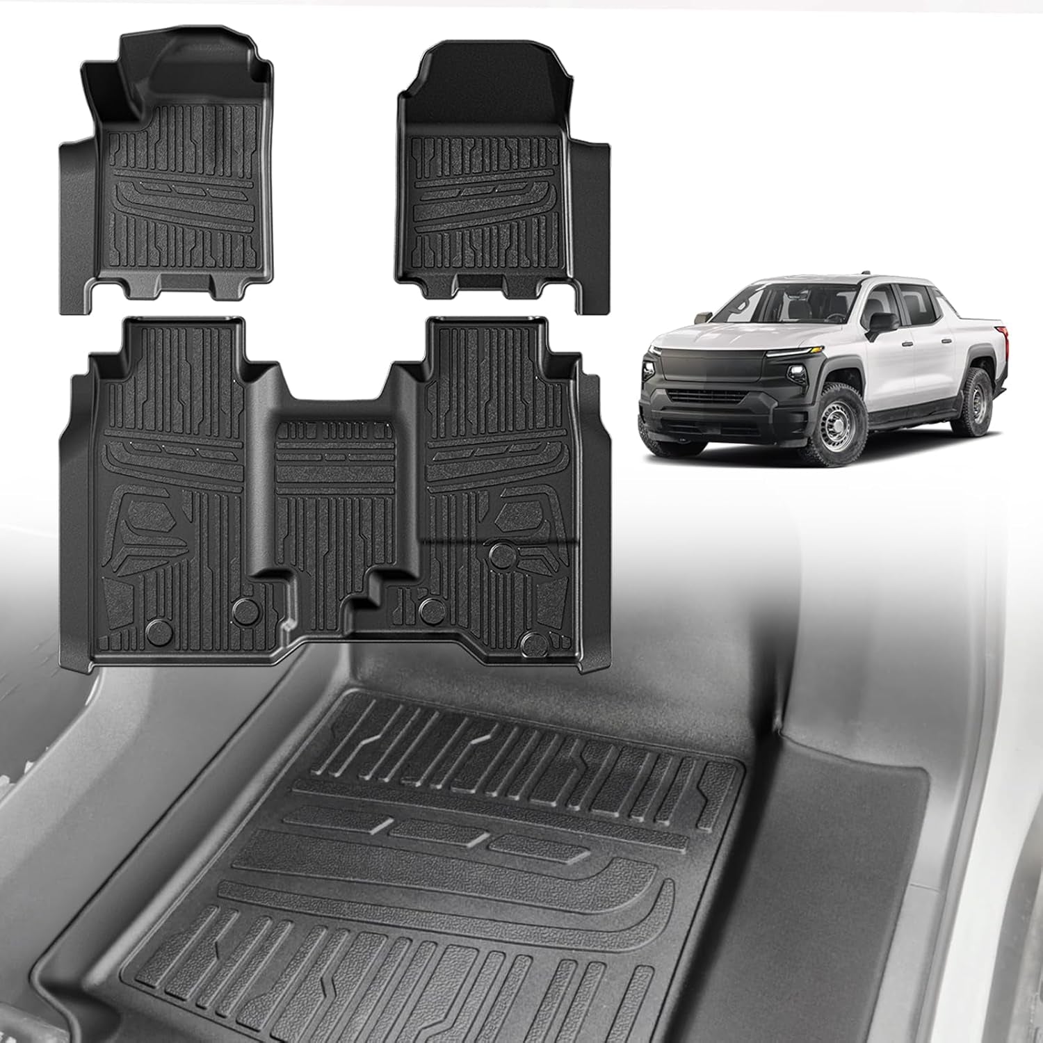 Floor Mats All Weather Liners Compatible with 2024 2025 Chevrolet Silverado EV WT Version Accessories 1St & 2Nd Row Full Set Floor Liners TPE Heavy Duty Custom Fit Car Mats