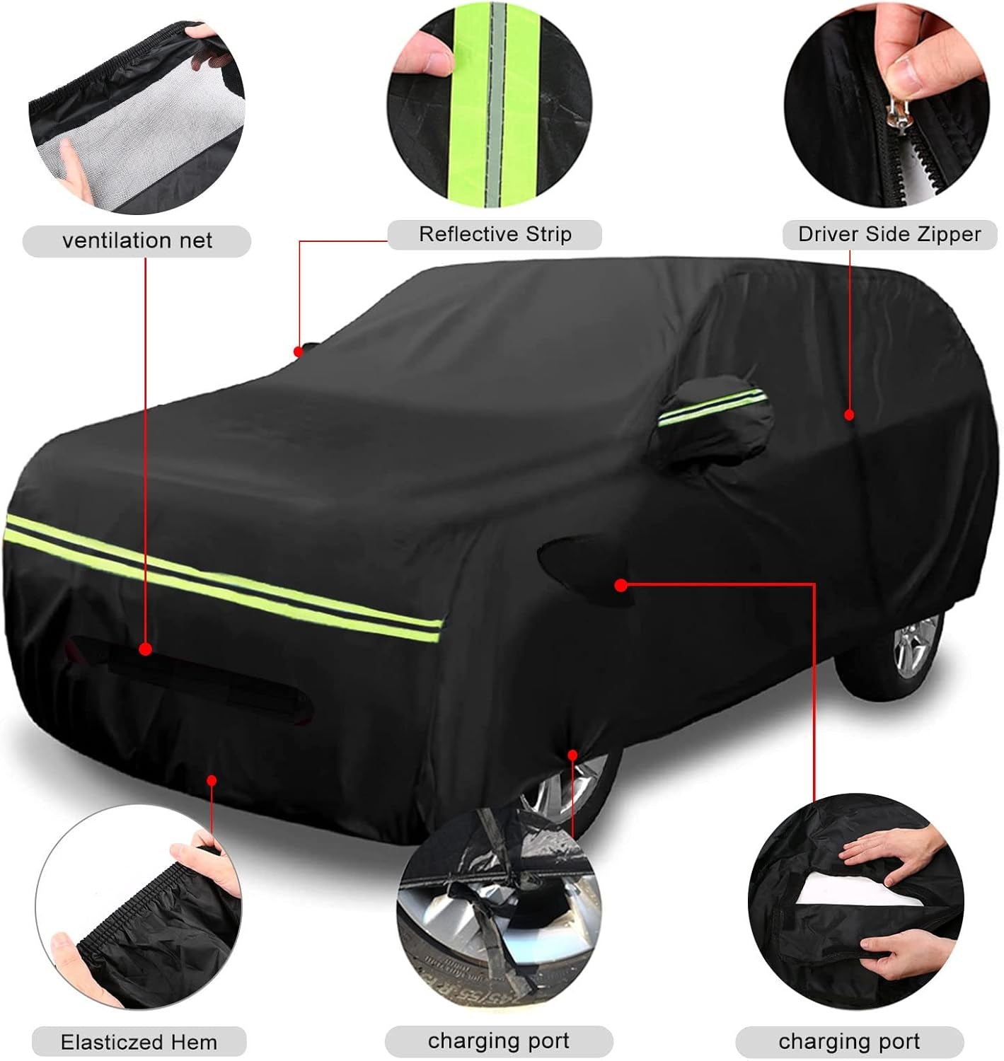 Waterproof Car Cover Replace for 2021-2024 Ford Mustang Mach-E, 6 Layers All Weather Custom-Fit Car Cover with Zipper Door, Ventilated Mesh & Charging Port for Snow Rain Dust Hail Protection