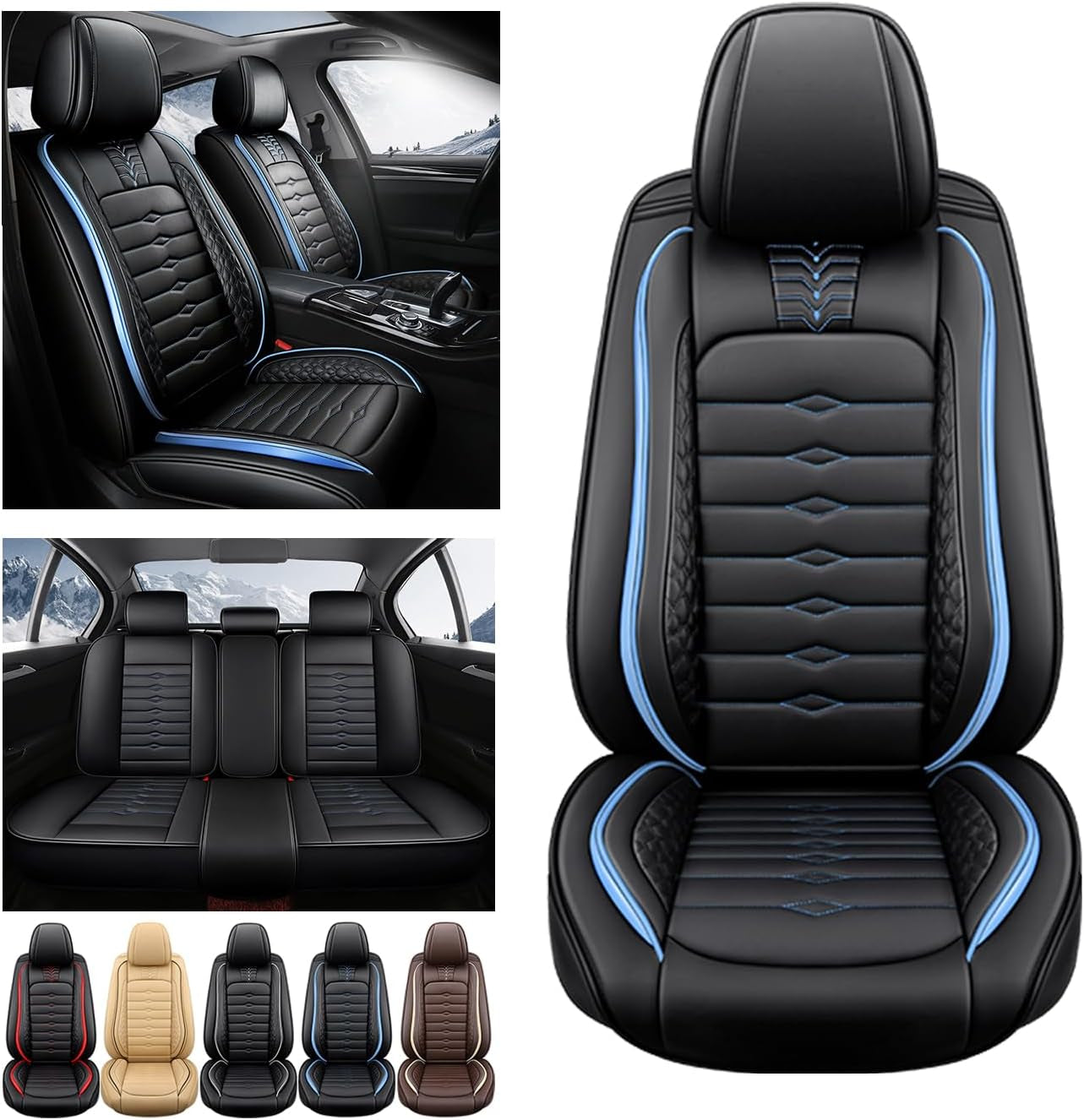 2 Seat Covers for Honda Prologue 2024 Nappa Leather Car Seat Covers Waterproof and Dustproof Car Seat Protectors Comfort Car Seat Covers with Airbag（Black+Blue Bars）