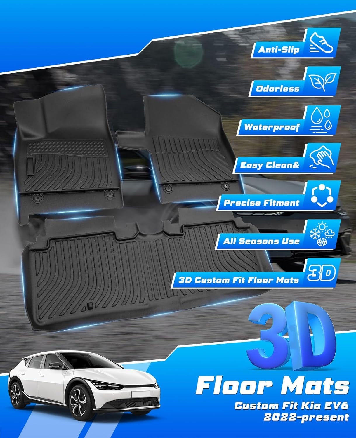 Floor Mats for 2022 2023 2024 2025 KIA EV6 Gt/Gt-Line TPE Trunk Liners Mat All Weather Odorless Anti-Slip Floor Liners 1St&2Nd Row Full Set Car Trunk Mats for KIA EV6 Accessories