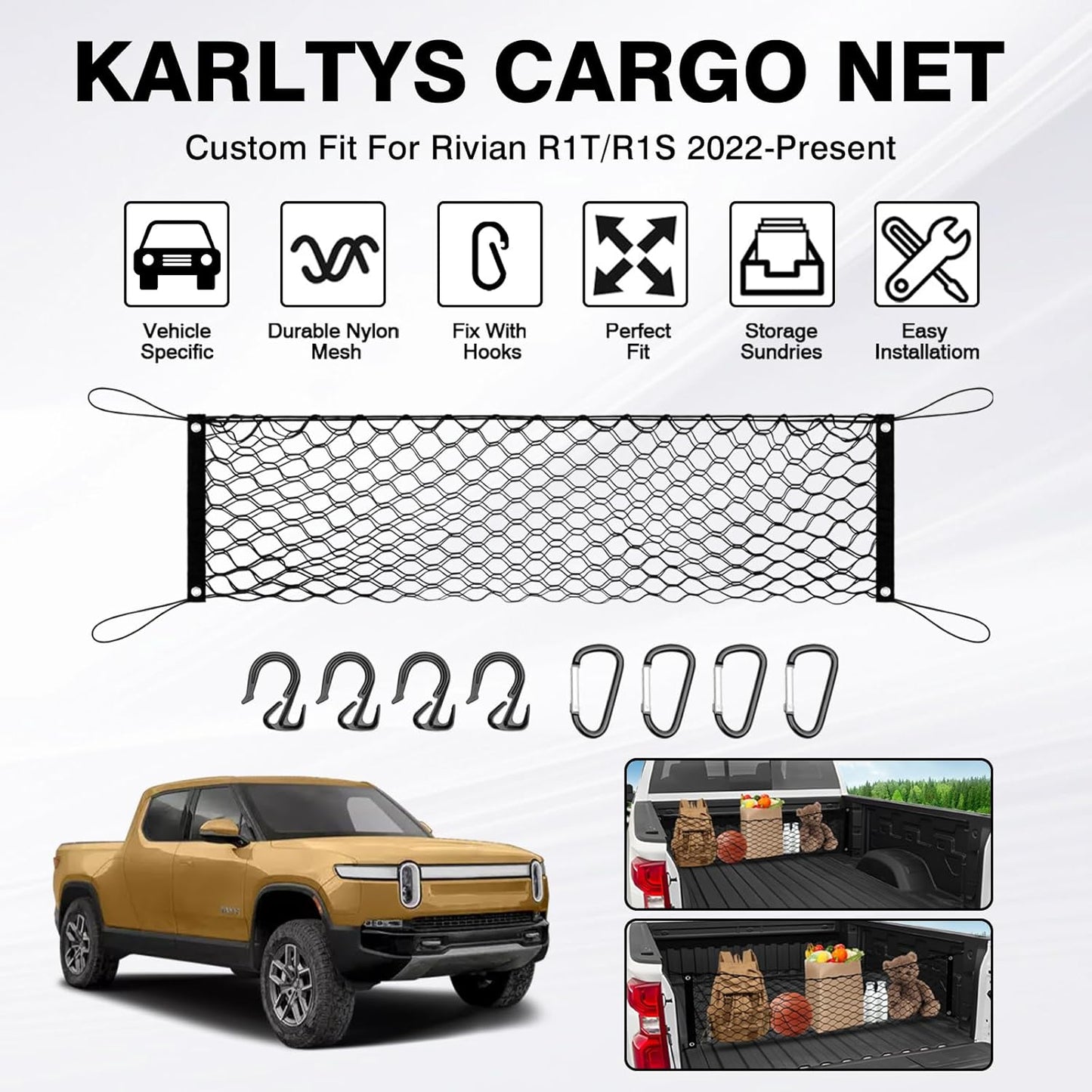 for Rivian R1T R1S Envelope Style Truck Bed Cargo Net 2022-2024 2025, Highly Elastic Pickup Truck Bed Cargo Net for Rivian Accessories Double Layer Nylon Mesh Storage Netting Organizer