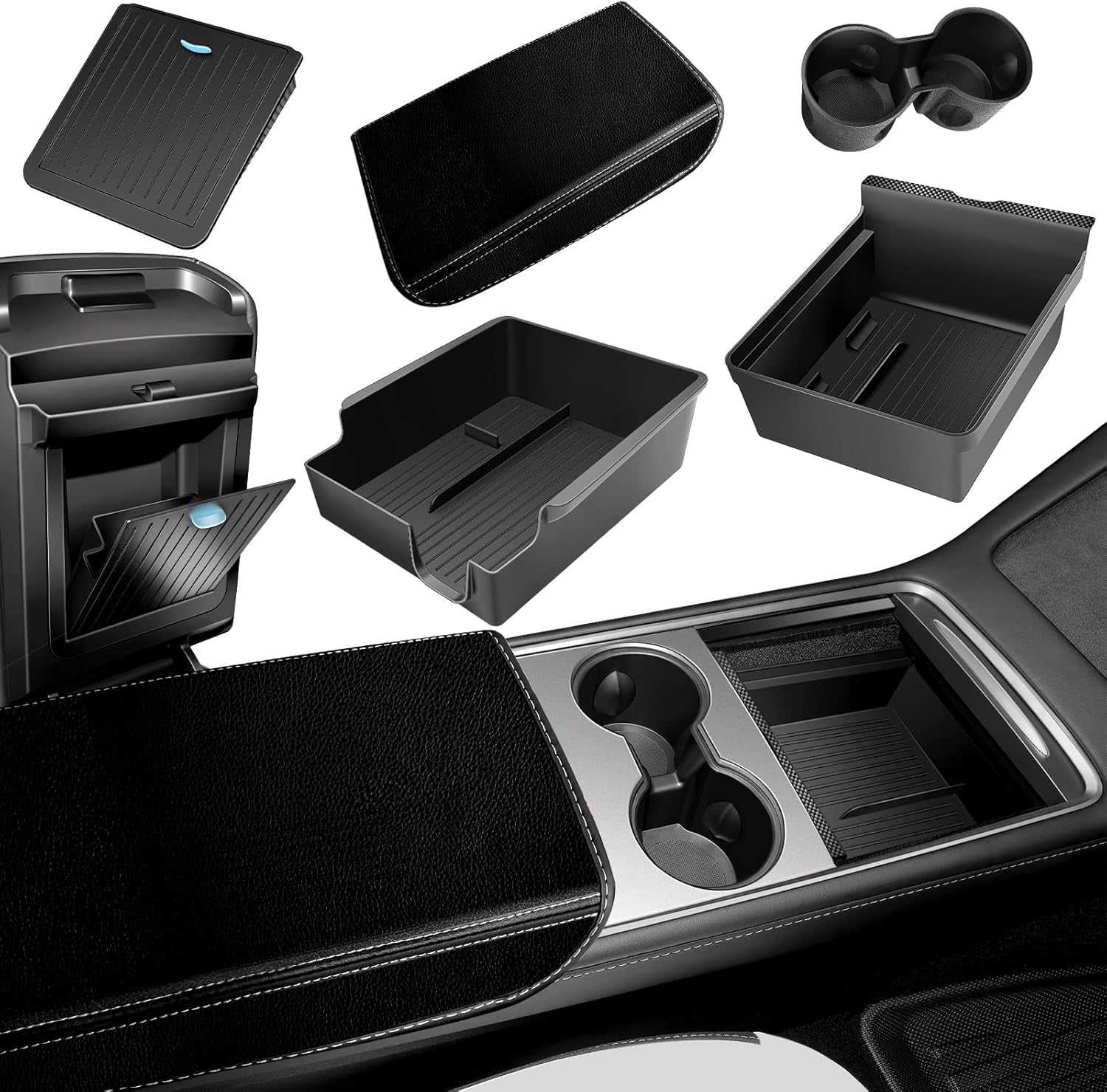 5Pcs Center Console Organizer Tray Compatible for Tesla Model Y Accessories 2025 2024-2021 Armrest Hidden Drawer Storage Box Cup Holder (Not Compatible for Model 3 2024)