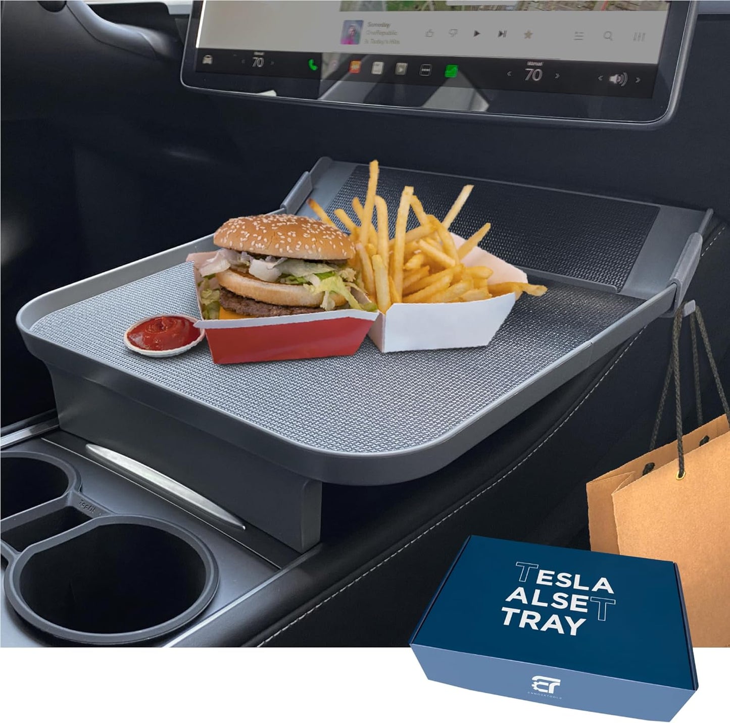 Tesla Model Y Model 3 Accessories 2020 to 2024, Car Eating Food Table Alset Tray, Center Console Organizer, for Autopilot, Road Trips. Anti-Slip Mat for Stability. (Tray ONLY)