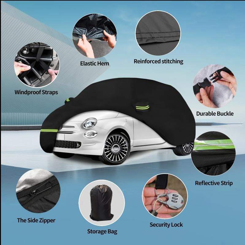 Waterproof Car Covers for 2007-2023 Fiat 500/500C/500E Abarth/New Fiat 500 (Black) 210T Custom Outdoor Storm Hood