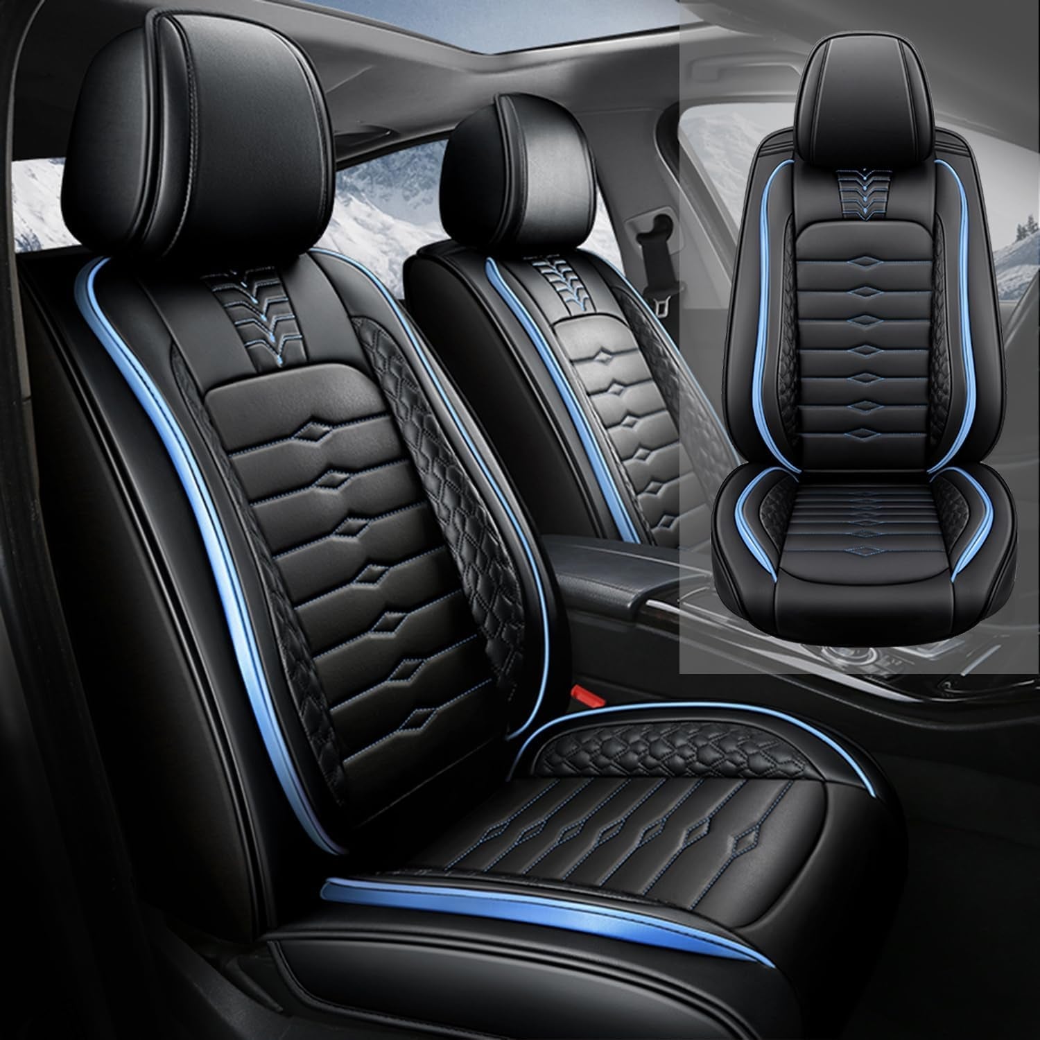 2 Seat Covers for Honda Prologue 2024 Nappa Leather Car Seat Covers Waterproof and Dustproof Car Seat Protectors Comfort Car Seat Covers with Airbag（Black+Blue Bars）