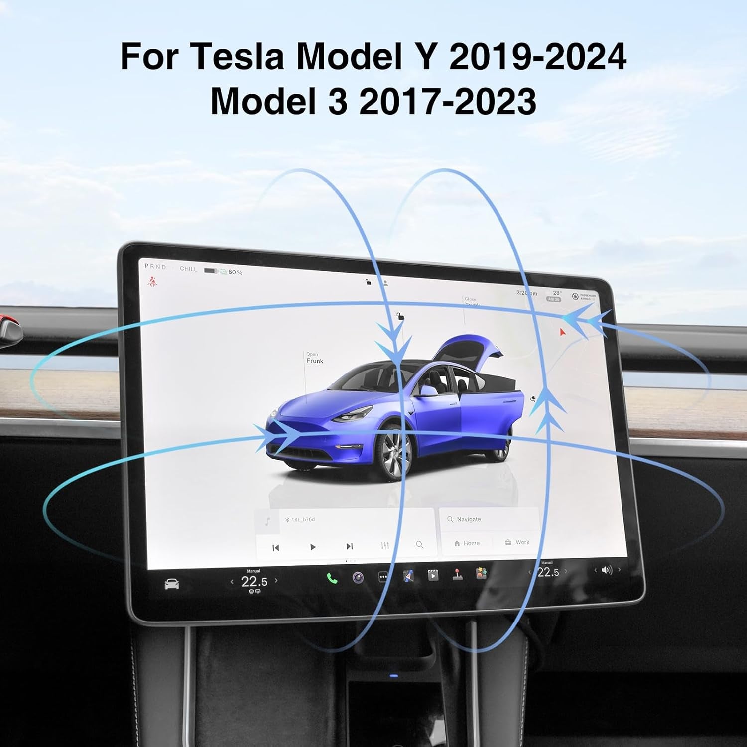 Screen Swivel Mount for Tesla Model Y 2019-2025 & Model 3 2017-2023 Left/Right 30° Up/Down 15° Rotating Four Directions Aluminium Alloy Tesla Screen Rotating Bracket