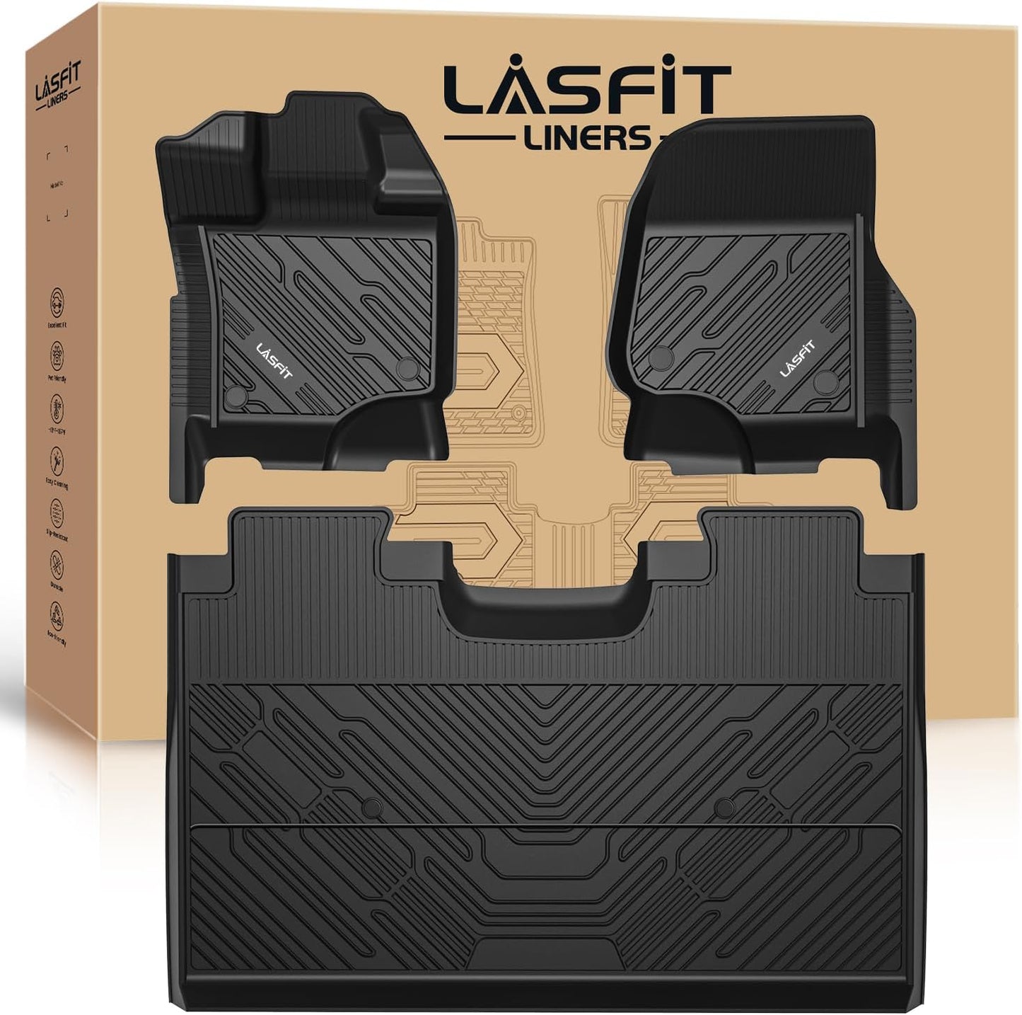 Floor Mats and Trunk Mat for Ford Mustang Mach-E 2024 2023 2022 2021 (Cargo Floor in Top Position) All Weather TPE Car Liners, 1St & 2Nd Row & Cargo Liner, 4Pcs Black