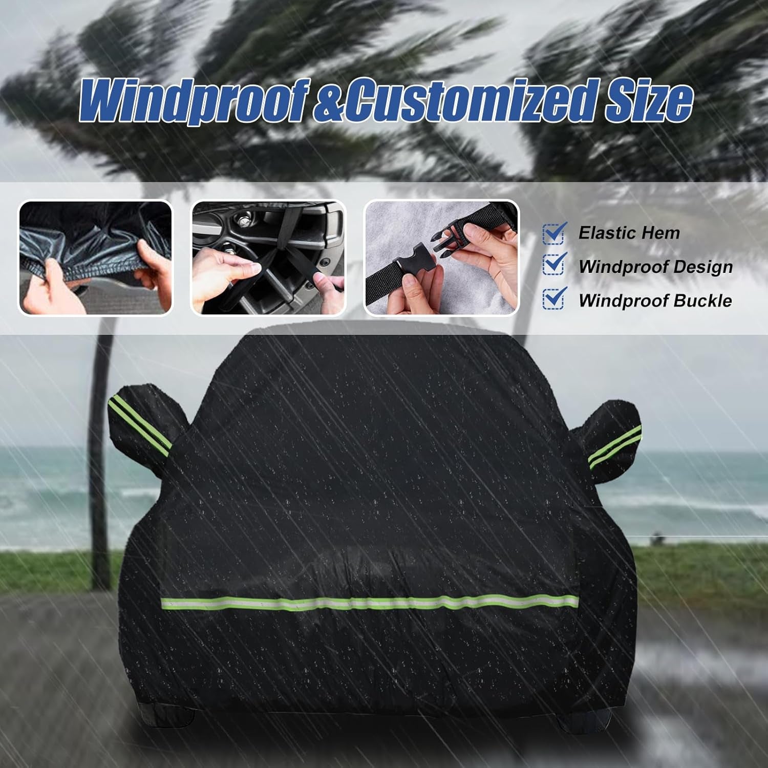 Waterproof Car Covers for 2007-2023 Fiat 500/500C/500E Abarth/New Fiat 500 (Black) 210T Custom Outdoor Storm Hood