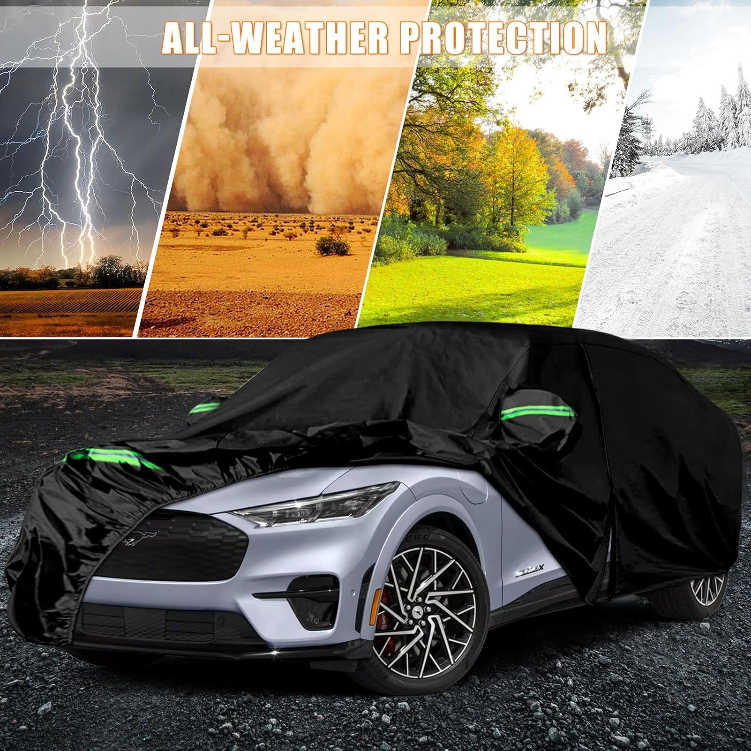 Waterproof Car Cover Replace for 2021-2024 Ford Mustang Mach-E, 6 Layers All Weather Custom-Fit Car Cover with Zipper Door, Ventilated Mesh & Charging Port for Snow Rain Dust Hail Protection