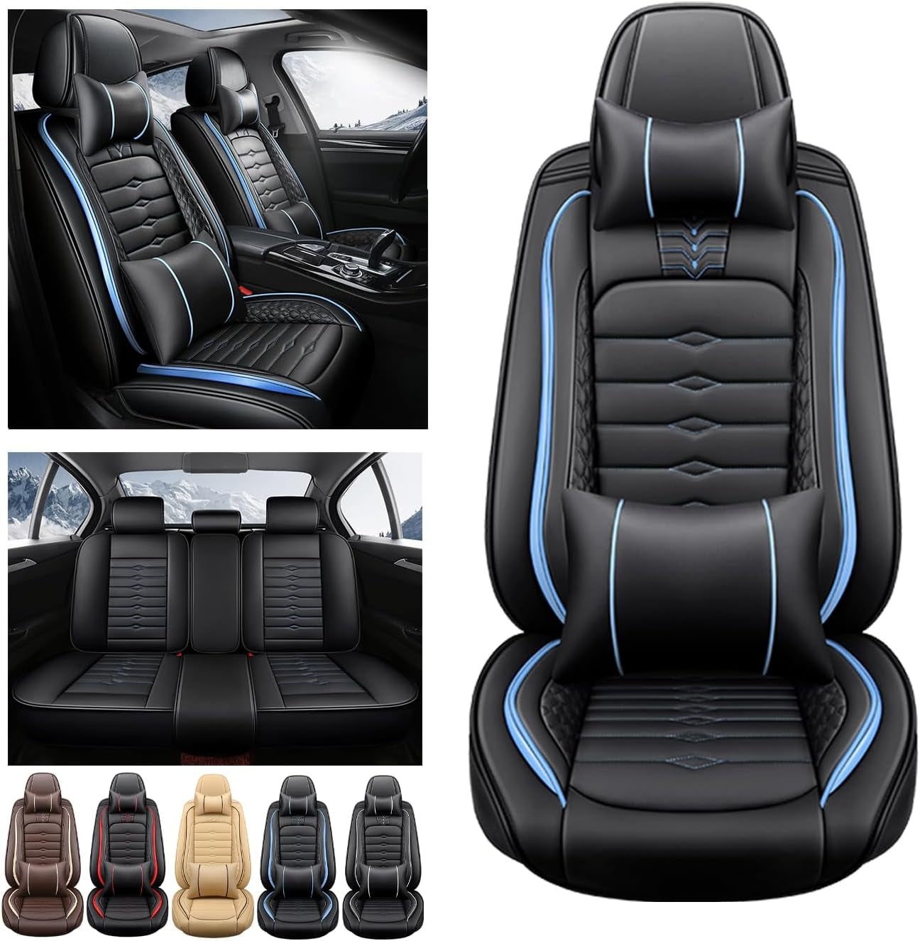 2 Seat Covers for Honda Prologue 2024 Nappa Leather Car Seat Covers Waterproof and Dustproof Car Seat Protectors Comfort Car Seat Covers with Airbag（Black+Blue Bars）